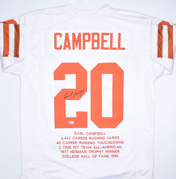 Earl Campbell Autographed White College Stat Style Jersey - Beckett W Hologram *Black Image 1