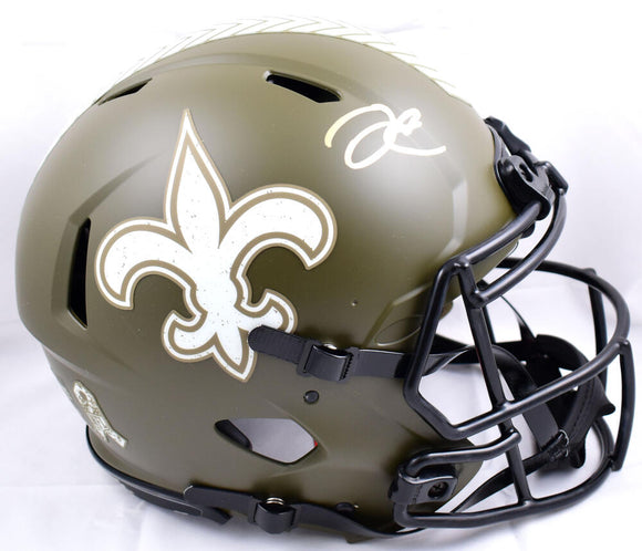 Derek Carr Autographed New Orleans Saints F/S Salute to Service Speed Authentic Helmet-Beckett W Hologram *Gold Image 1