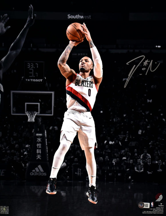 Damian Lillard Autographed Portland Trail Blazers 16x20 Spotlight Jump Shot Photo- Beckett W Hologram *Silver Image 1