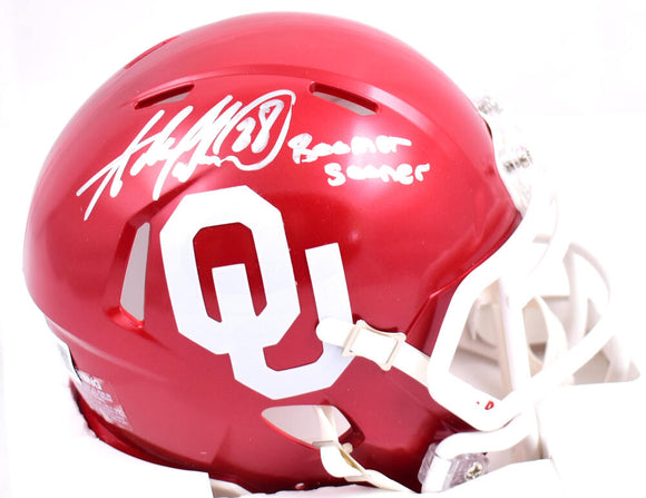 Adrian Peterson Autographed Oklahoma Sooners Speed Mini Helmet W/Boomer Sooner-Beckett W Hologram *Silver Image 1