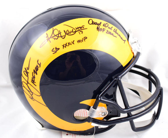 Marshall Faulk Kurt Warner Dick Vermeil Autographed F/S Rams Authentic Helmet w/HOF- Beckett W Hologram *Black Image 1