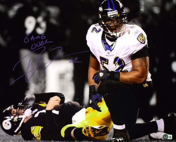 Ray Lewis Signed Baltimore Ravens 16x20 Over Roethlisberger Photo w/Game Over-Beckett W Hologram *Purple Image 1