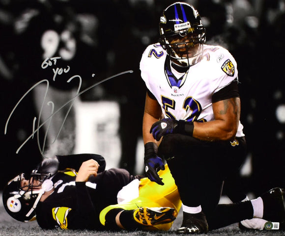 Ray Lewis Signed Baltimore Ravens 16x20 Over Roethlisberger Photo w/Got You-Beckett W Hologram *Silver Image 1