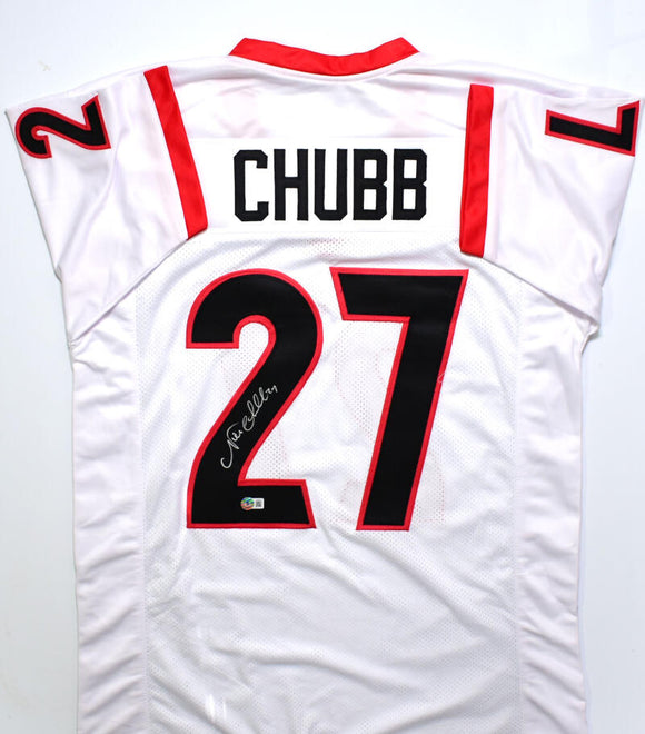 Nick Chubb Autographed White College Style Jersey *2- Beckett W Hologram *Silver Image 1