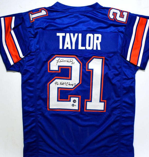 Fred Taylor Autographed Blue College Style Jersey w/ 96 Natl Champs-Beckett W Hologram Image 1