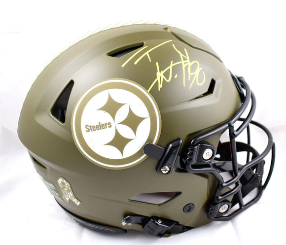 TJ Watt Autographed Pittsburgh Steelers F/S Salute to Service Speed Flex Helmet- Beckett W Hologram *Yellow Image 1