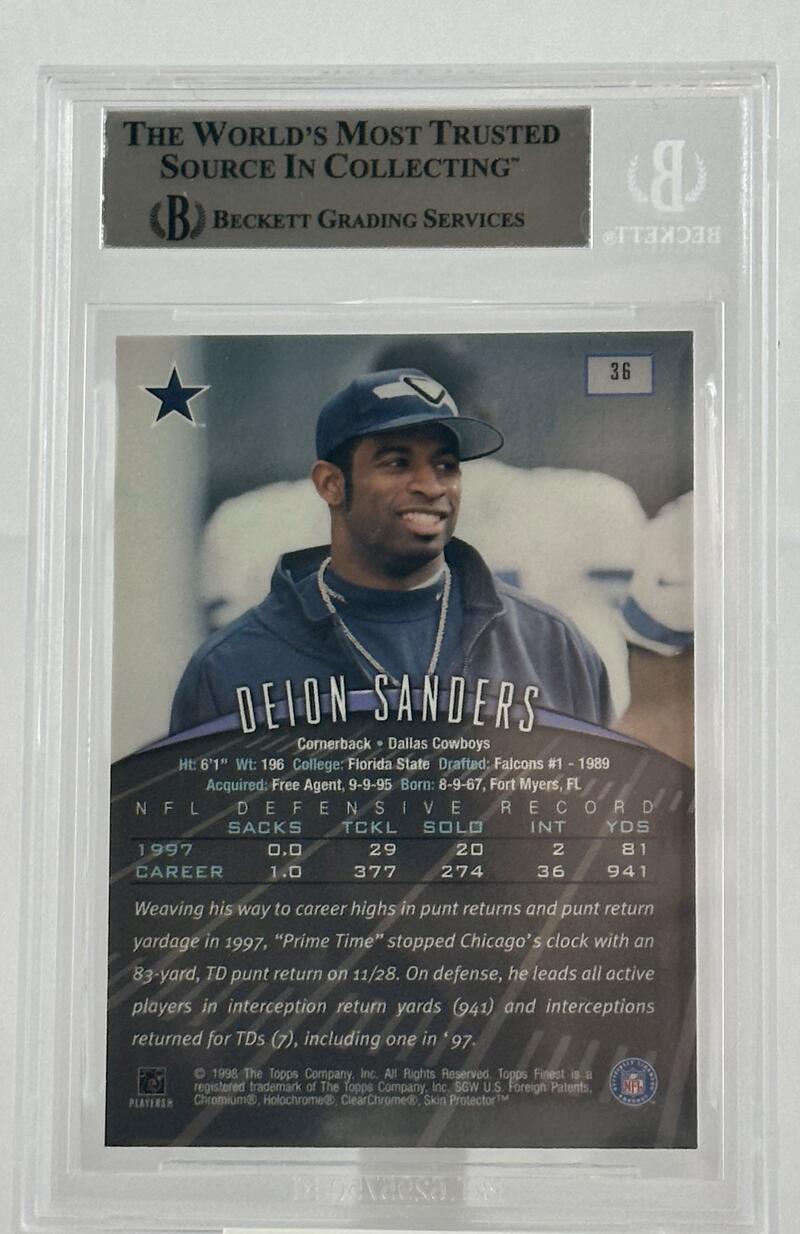 1998 Topps Finest #36 Deion Sanders Auto Cowboys Autograph Beckett