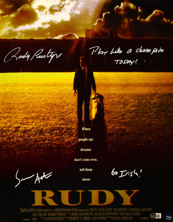 Rudy Ruettiger Sean Astin Autographed 16x20 Movie Poster Photo w/2 Inscriptions - Beckett W Hologram *White Image 1