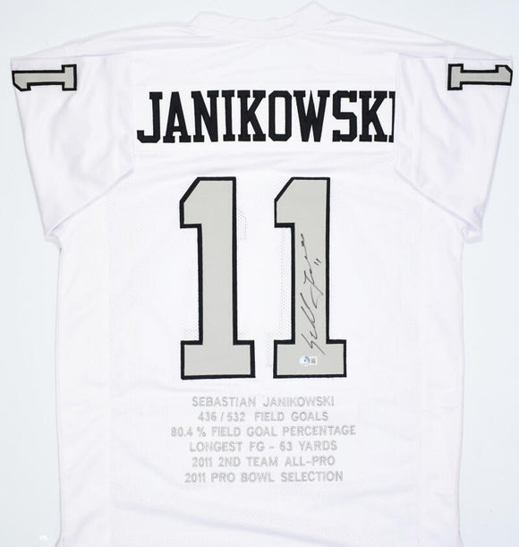 Sebastian Janikowski Autographed White Pro Style STAT Jersey