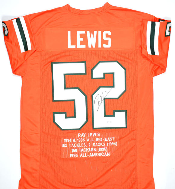 Ray Lewis Autographed Orange College Style STAT Jersey-Beckett W Hologram *Black Image 1