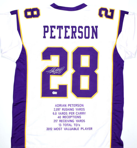 Adrian Peterson Autographed White Pro Style Stat Jersey- Beckett W Hologram *Silver Image 1