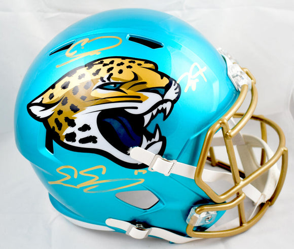 Evan Engram, Calvin Ridley, Zay Jones Autographed Jacksonville Jaguars F/S Flash Speed Helmet-Beckett W Hologram *Gold Image 1