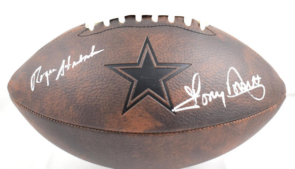 Tony Dorsett Roger Staubach Autographed Dallas Cowboys Distressed Logo Football w/HOF- Beckett W Hologram *White Image 1