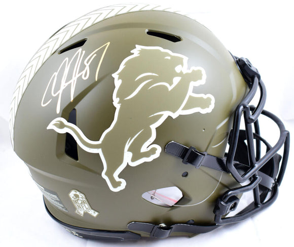 Calvin Johnson Autographed Detroit Lions F/S Salute to Service Speed Authentic Helmet- Beckett W Hologram *Gold Image 1