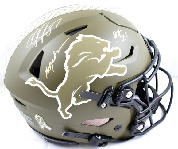 Calvin Johnson Autographed Detroit Lions F/S Salute to Service Speed Flex Helmet w/HOF Megatron-Beckett W Hologram *Gold Image 1
