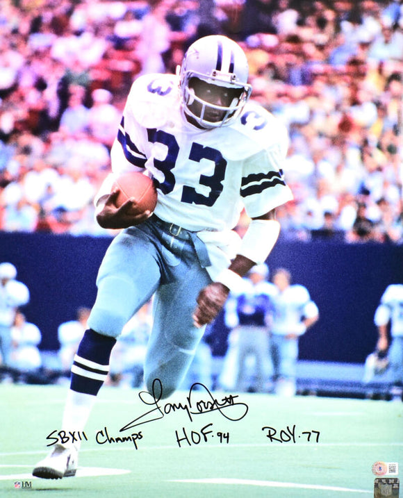 Tony Dorsett Autographed Dallas Cowboys 16x20 Running Photo w/HOF,ROY, SB Champs - Beckett W Hologram *Black Image 1