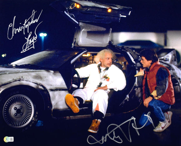Christopher Lloyd Michael J. Fox Signed Back to the Future 16x20 DeLorean Photo- Beckett W Hologram *Silver Image 1