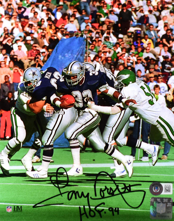 Tony Dorsett Autographed Dallas Cowboys 8x10 Running V. Eagles Photo w/HOF -Beckett W Hologram *Black Image 1