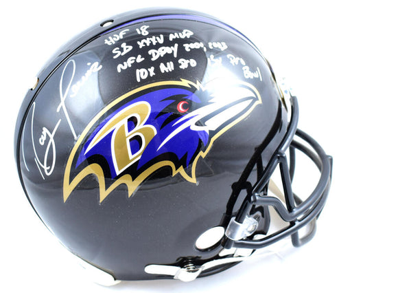 Ray Lewis Autographed Baltimore Ravens F/S ProLine Helmet w/ 5 Insc- Beckett Auth *White Full Name Image 1