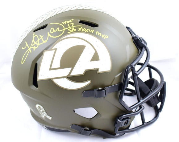 Kurt Warner Autographed F/S Rams Salute to Service Speed Helmet w/HOF, SB MVP -Beckett W Hologram *Yellow Image 1