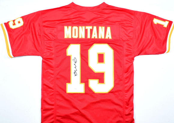Joe Montana Autographed Red Pro Style Jersey- JSA W *Black *Down Image 1