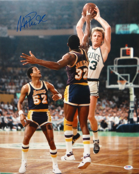 Magic Johnson Autographed Lakers 16x20 In Air Against Larry Bird Photo- PSA/DNA Auth