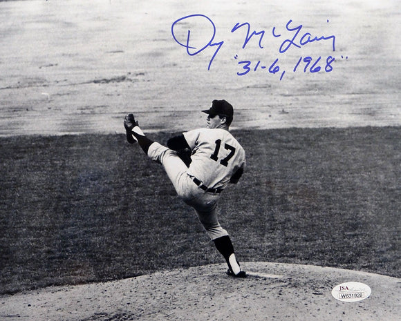 Denny McLain 31-6, 1968 Signed Detroit Tigers 8x10 B&W Pitching Photo- JSA W Aut