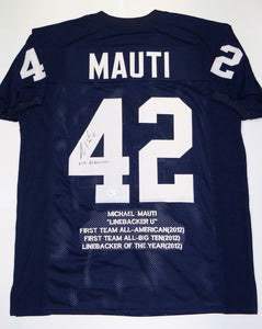 Michael Mauti Autographed Navy Blue College Style Stat Jersey- JSA W Auth