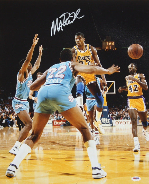 Magic Johnson Autographed Lakers 16x20 Passing In Air Photo- PSA/DNA