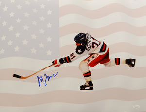 Mike Eruzione Autographed 16x20 1980 USA Hockey Team Flag Background w/ JSA W