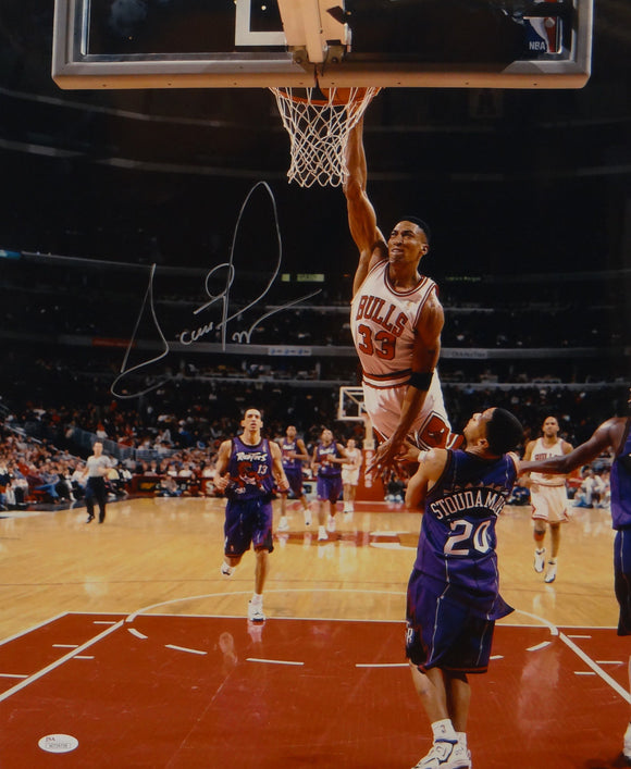 Scottie Pippen Autographed *Silver 16x20 Dunking In White Photo- JSA Auth