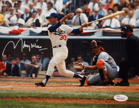 Maury Wills Autographed LA Dodgers 8x10 Swinging Photo- JSA W Auth
