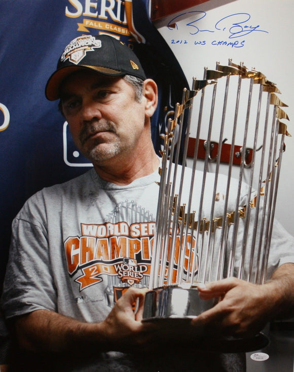 Bruce Bochy Autographed 16x20 With WS Trophy Photo- JSA W Authenticated