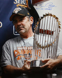 Bruce Bochy Autographed 16x20 With WS Trophy Photo- JSA W Authenticated