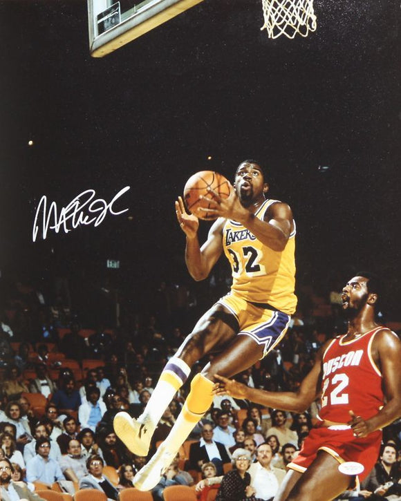 Magic Johnson Autographed Lakers 16x20 In Air w/ Houston Photo- JSA Authenticated