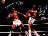 Sugar Ray Leonard/ Tommy Hearns Signed 16x20 Punching *White Photo- JSA W Auth