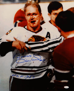 Bobby Hull Autographed 16x20 Blackhawks Bloody Face Photo w/ HOF and JSA W Auth