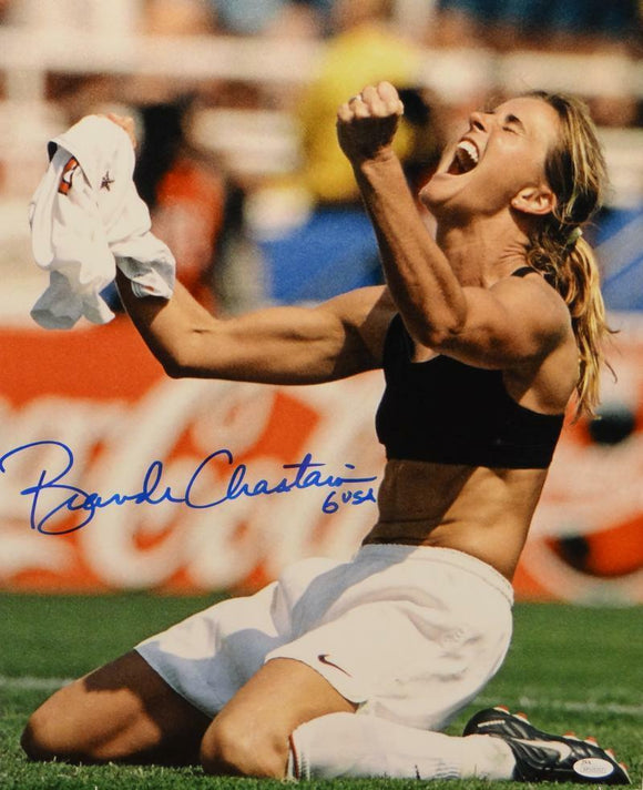 Brandi Chastain Autographed Team USA 16x20 Shirt Off Photo- JSA Witnessed Auth