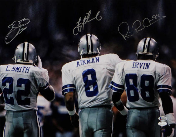 Aikman Irvin Smith Autographed Cowboys 16x20 Triplets From Behind Photo- JSA W/Beckett Auth *Silver