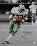 Tony Dorsett Autographed Dallas Cowboys 16x20 PF BW & Color Spotlight Photo w/ 3 Insc- JSA W Auth *Black